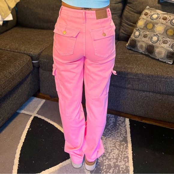 Judy Blue High Rise Pink Garment Dyed Cargo Straight Leg Jeans - Picture 2 of 4